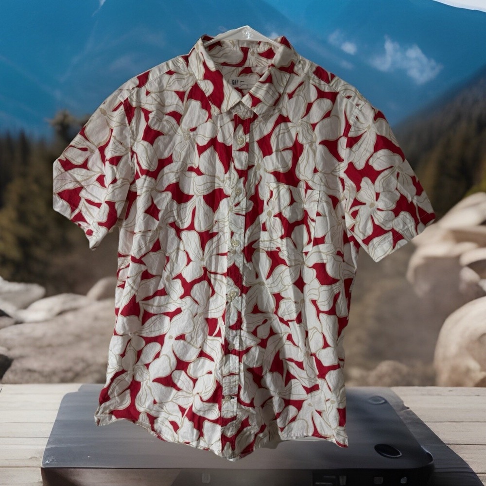 Y2K GAP L Mens Short Sleeve Button-Up Shirt, Slim Fit, Floral COTTAGECOR